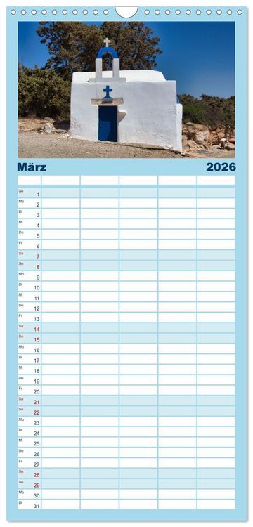 Produktbild: Familienplaner 2026 - Die Insel Naxos - Ein Traum in blau und wei&szlig; mit 5 Spalten (Wandkalender, 21 x 45 cm) CALVENDO