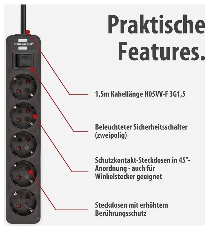 Produktbild: Brennenstuhl 1153250020 Steckdosenleiste mit Schalter 5fach Wei&szlig;, Schwarz Schutzkontakt 1 St.
