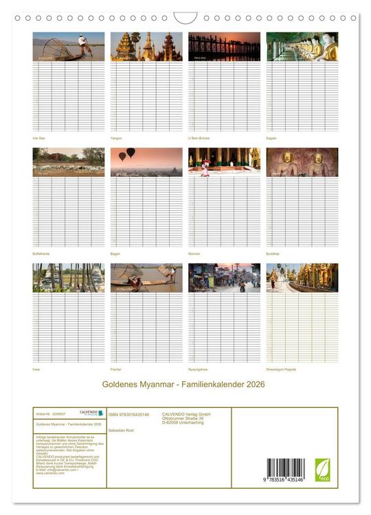 Produktbild: Goldenes Myanmar - Familienkalender 2026 (Wandkalender 2026 DIN A3 hoch), CALVENDO Monatskalender