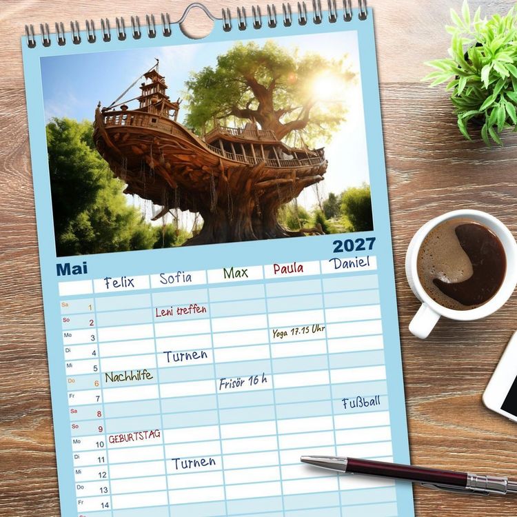 Produktbild: Familienplaner 2027 - Baumh&auml;user - Traumhafte Luftschl&ouml;sser mit 5 Spalten (Wandkalender, 21 x 45 cm) CALVENDO