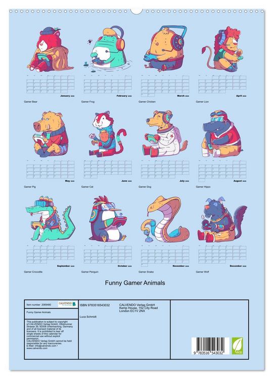 Produktbild: Funny Gamer Animals (High Quality Premium Wall Calendar 2026 DIN A2 portrait),CALVENDO 12 Month Wall Calendar