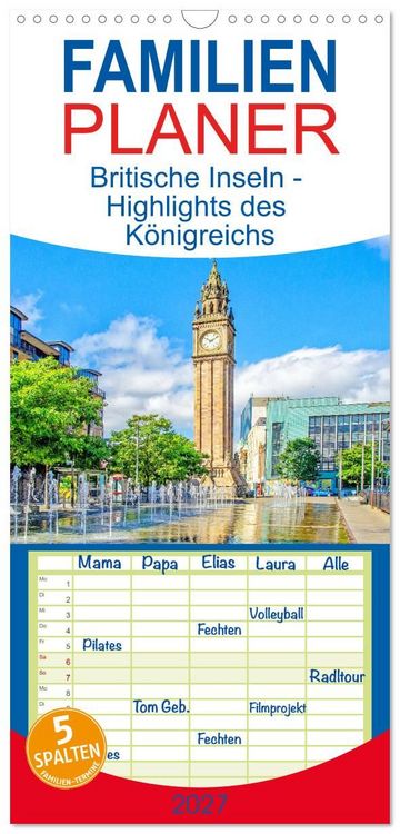 Produktbild: Familienplaner 2027 - Britische Inseln - Highlights des K&ouml;nigreichs mit 5 Spalten (Wandkalender, 21 x 45 cm) CALVENDO