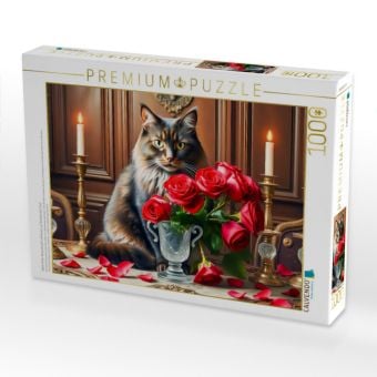 Produktbild: CALVENDO Puzzle Katze hinter Rosenstrau&szlig; mit Kerzen auf Gr&uuml;nderzeit-Tisch | 1000 Teile Lege-Gr&ouml;&szlig;e 64x48cm Foto-Puzzle f&uuml;r gl&uuml;ckliche Stunden