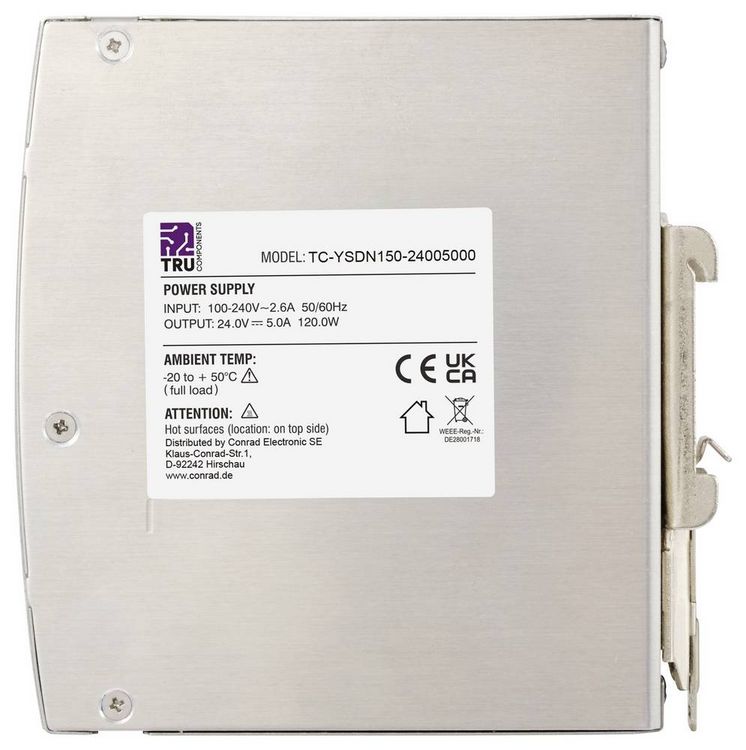 Produktbild: TRU COMPONENTS TC-10580792 Hutschienen-Netzteil (DIN-Rail) 24 V/DC 5 A 120 W Anzahl Ausg&auml;nge:1 x Inhalt 1 St.