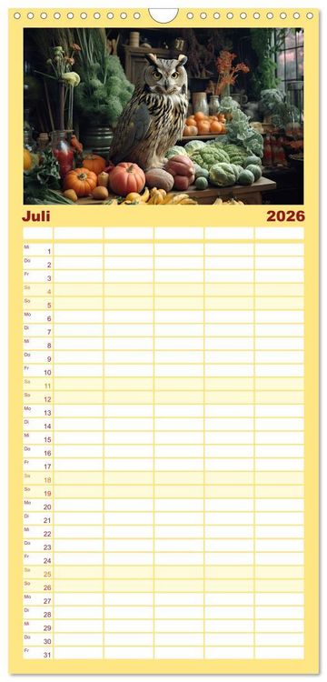 Produktbild: Familienplaner 2026 - Stillleben mit Eule mit 5 Spalten (Wandkalender, 21 x 45 cm) CALVENDO