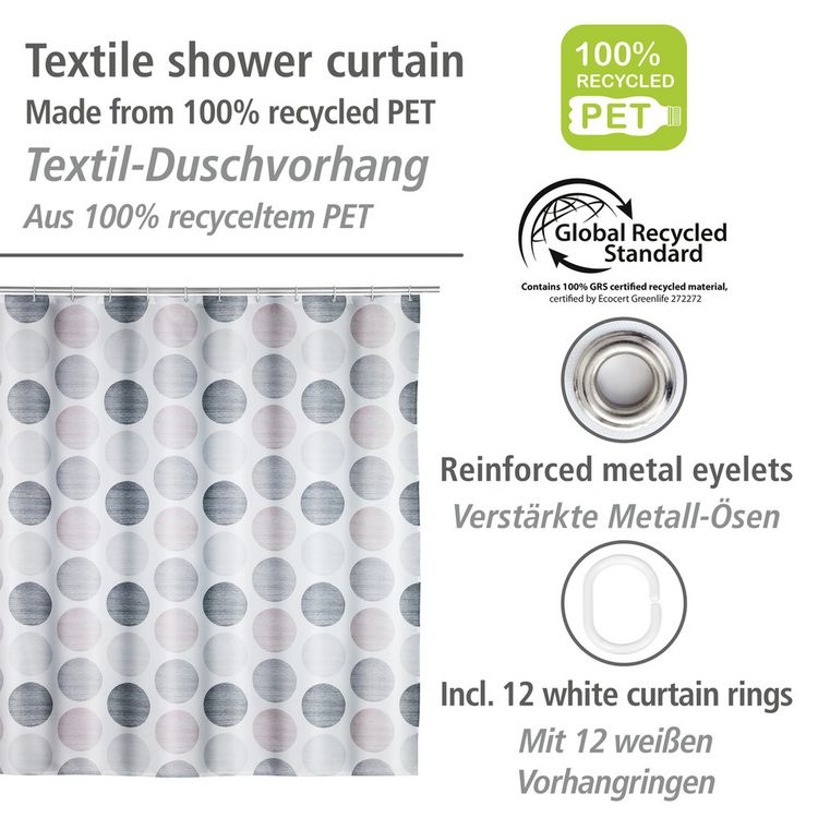 Produktbild: Duschvorhang Mod. Pastell Dots, 180 x 200 cm, Textil (100 % recyceltes Polyester)