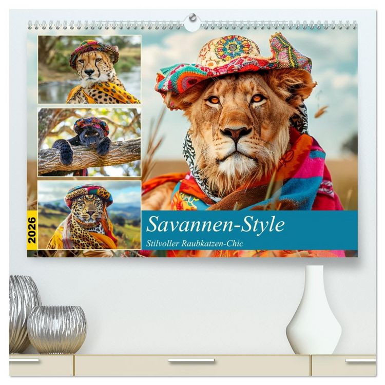 Produktbild: Savannen-Style. Stilvoller Raubkatzen-Chic (hochwertiger Premium Wandkalender 2026 DIN A2 quer), Kunstdruck in Hochglanz