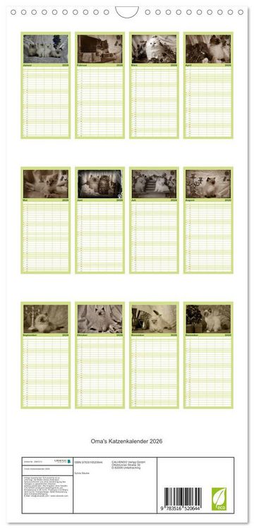 Produktbild: Familienplaner 2026 - Oma's Katzenkalender 2026 mit 5 Spalten (Wandkalender, 21 x 45 cm) CALVENDO