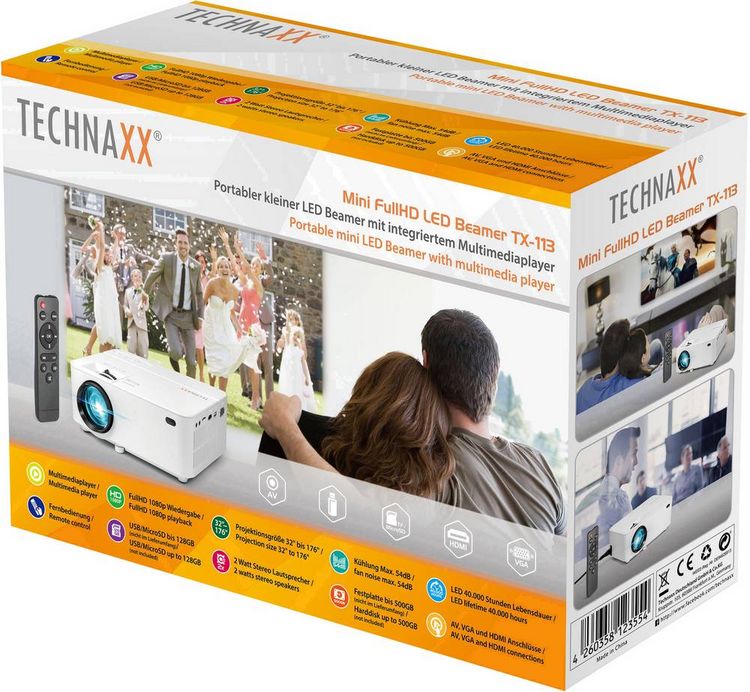 Produktbild: Technaxx Beamer TX-113 LED 1800 ANSI-Lumen 800 x 480 WXGA mit Fernbedienung, VGA Eingang, Integrierter Lautsprecher