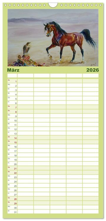 Produktbild: Familienplaner 2026 - Mit Pferden durch die Jahreszeiten - Pferdebilder in &Ouml;l und Aquarell mit 5 Spalten (Wandkalender, 21 x 45 cm) CALVENDO