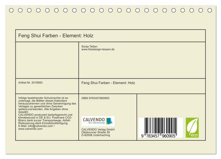 Produktbild: Feng Shui Farben - Element: Holz (Tischkalender 2026 DIN A5 quer), CALVENDO Monatskalender