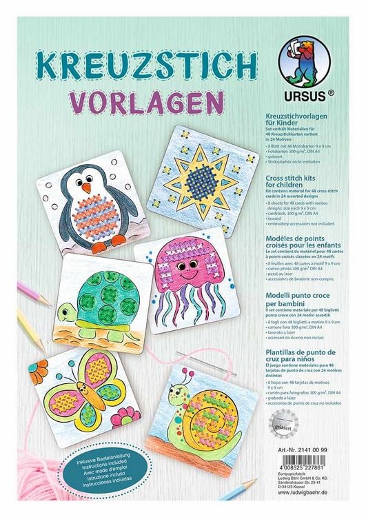 Produktbild: URSUS Sticken Kreuzstich-Vorlagen f&uuml;r Kinder, 8 Blatt Fotokarton A4
