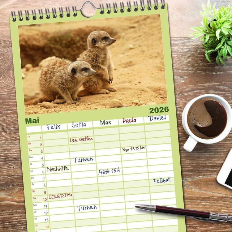 Produktbild: Familienplaner 2026 - Kleine Schelme - Tierbabys mit 5 Spalten (Wandkalender, 21 x 45 cm) CALVENDO
