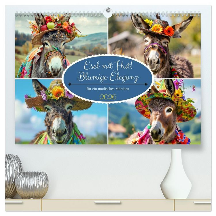 Produktbild: Esel mit Hut! Blumige Eleganz f&uuml;r ein modisches M&auml;rchen (hochwertiger Premium Wandkalender 2026 DIN A2 quer), Kunstdruck in Hochglanz
