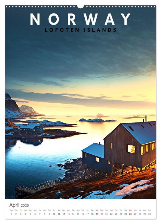Produktbild: Lofoten Islands - Old School Poster Style (High Quality Premium Wall Calendar 2026 DIN A2 portrait),CALVENDO 12 Month Wall Calendar