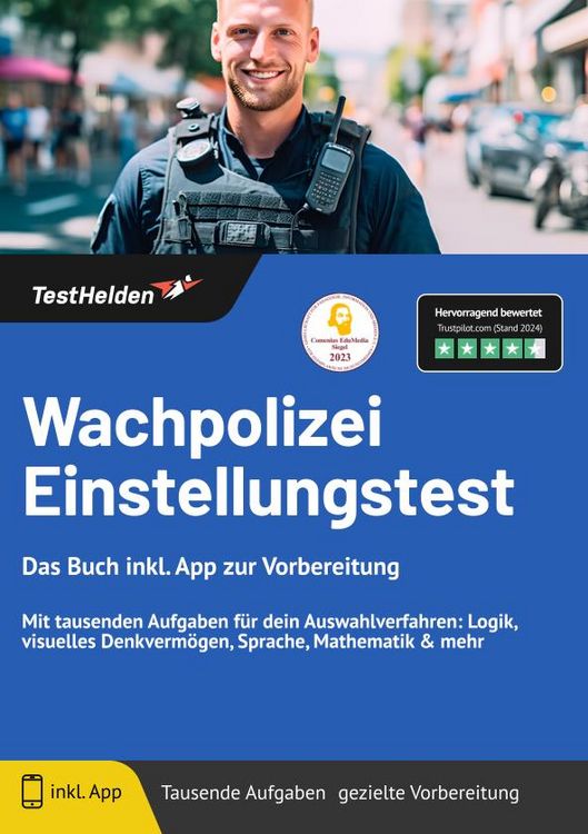 Produktbild: Wachpolizei Einstellungstest: Das Buch inkl. App zur Vorbereitung | Mit tausenden Aufgaben f&uuml;r dein Auswahlverfahren: Logik, visuelles Denkverm&ouml;gen, Sprache, Mathematik & mehr