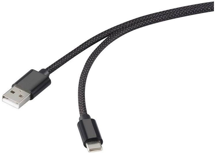 Produktbild: Renkforce USB-Kabel USB 2.0 USB-C&reg; Stecker, USB-A Stecker 1.00 m Schwarz mit magnetischer Aufwicklung, Stoff-Ummantelung RF-6437924