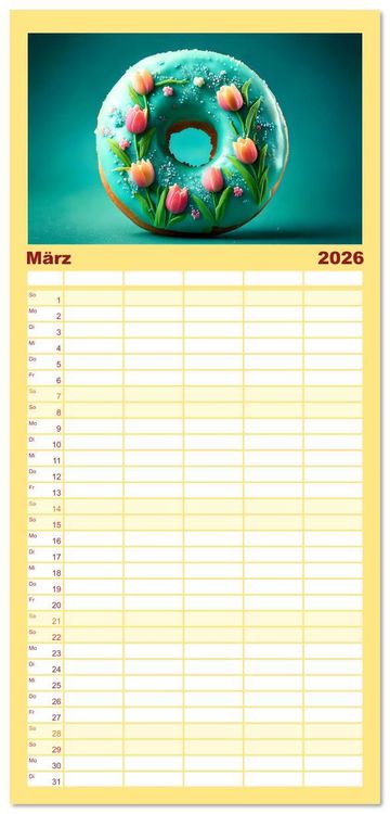 Produktbild: Familienplaner 2026 - Donuts - Eine Reise durch die Jahreszeiten mit 5 Spalten (Wandkalender, 21 x 45 cm) CALVENDO