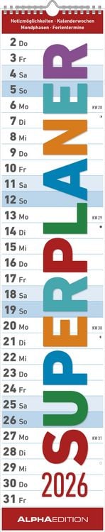 Bild vom Artikel Superplaner 2026 - Streifenkalender 17x85 cm - mit Ringbindung - viel Platz für Notizen - Langplaner - Wandkalender - Küchenkalender - Alpha Edition vom Autor Alpha Edition