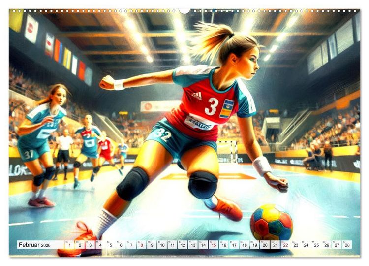 Produktbild: Handball Impressionismus, K&uuml;nstlerische Handballaktionen im KI-Pinselstrich (hochwertiger Premium Wandkalender 2026 DIN A2 quer), Kunstdruck in Hochglanz