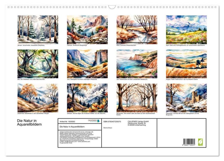 Produktbild: Die Natur in Aquarellbildern (Wandkalender 2026 DIN A2 quer), CALVENDO Monatskalender