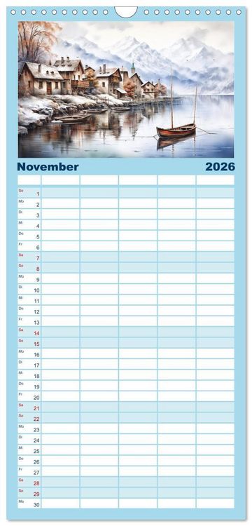 Produktbild: Familienplaner 2026 - S&uuml;dalpines Flair - Seen, Berge und Fantasiest&auml;dte mit 5 Spalten (Wandkalender, 21 x 45 cm) CALVENDO