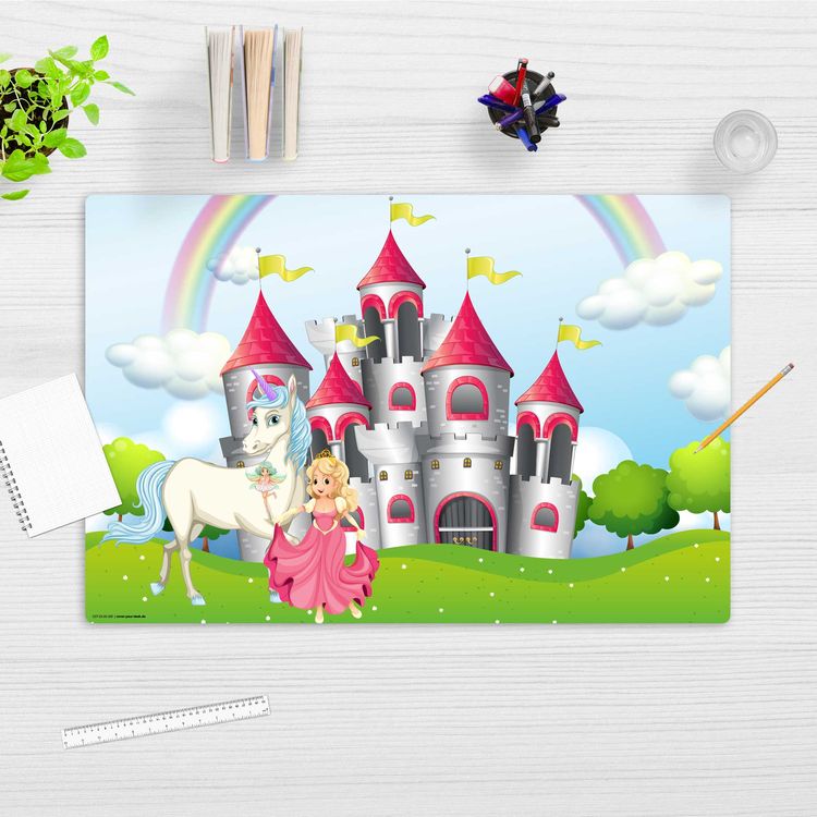 Produktbild: Cover-your-desk Schreibtischunterlage f&uuml;r Kinder M&auml;rchenschloss mit Einhorn und Prinzessin, aus hochwertigem Vinyl , 60 x 40 cm