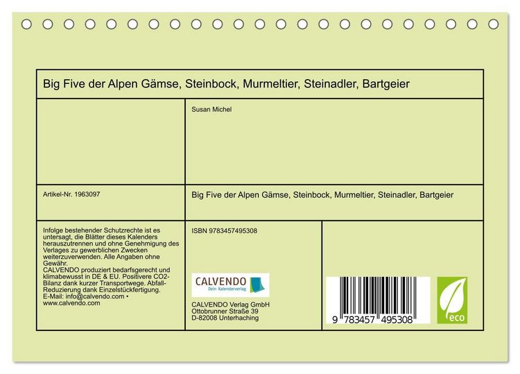 Produktbild: Big Five der Alpen G&auml;mse, Steinbock, Murmeltier, Steinadler, Bartgeier (Tischkalender 2026 DIN A5 quer), CALVENDO Monatskalender