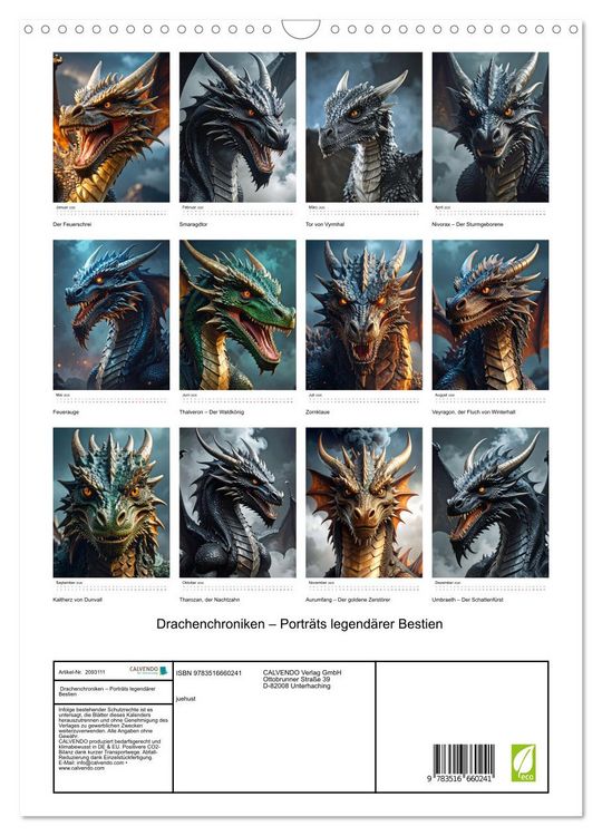 Produktbild: Drachenchroniken &ndash; Portr&auml;ts legend&auml;rer Bestien (Wandkalender 2026 DIN A3 hoch), CALVENDO Monatskalender