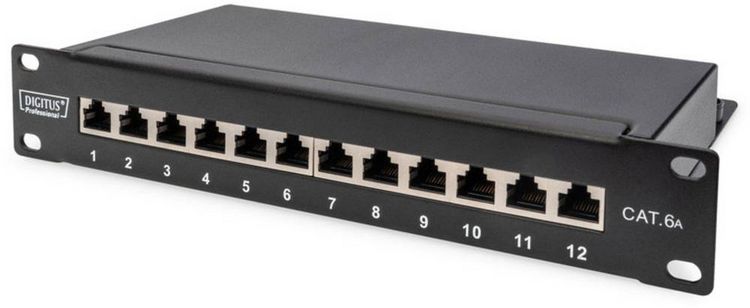 Produktbild: Digitus DN-91612S-EA 12 Port Netzwerk-Patchpanel 254mm (10\") CAT 6a 1 HE Best&uuml;ckt