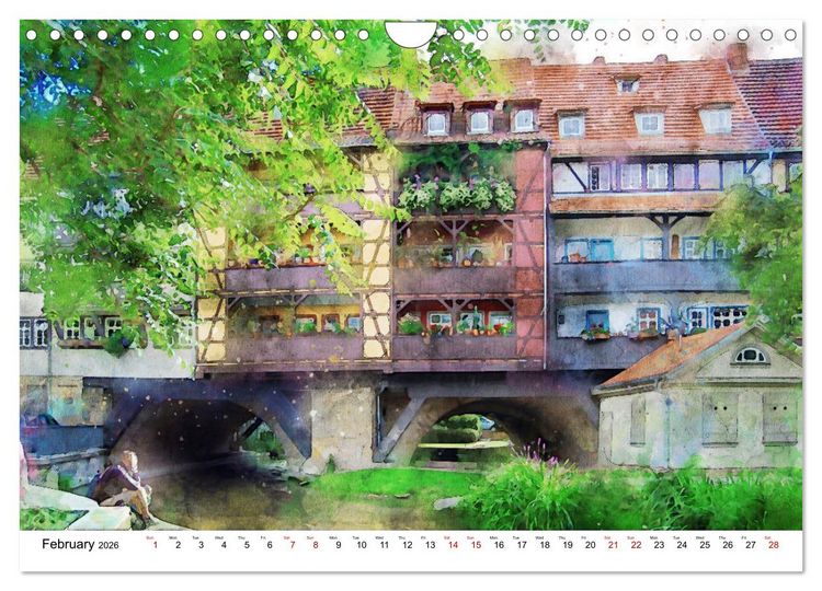 Produktbild: Erfurt - City views in watercolors (Wall Calendar 2026 DIN A4 landscape), CALVENDO 12 Month Wall Calendar