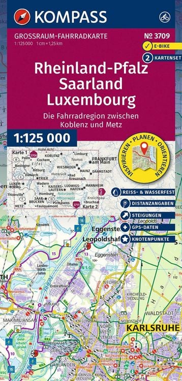 Produktbild: KOMPASS Gro&szlig;raum Fahrradkarte 3709 Rheinland-Pfalz, Saarland, Luxembourg mit Knotenpunkten 1:125.000