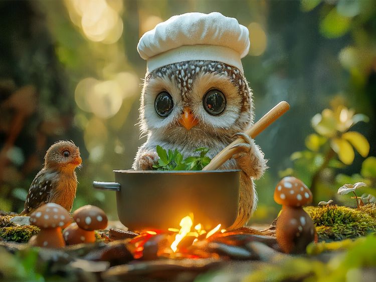 Produktbild: CALVENDO Puzzle S&uuml;&szlig;e Eule kocht am Lagerfeuer - K&ouml;stliche Waldgerichte von der Eulenk&ouml;chin | 1000 Teile Lege-Gr&ouml;&szlig;e 64x48cm Foto-Puzzle f&uuml;r gl&uuml;ckliche Stunden