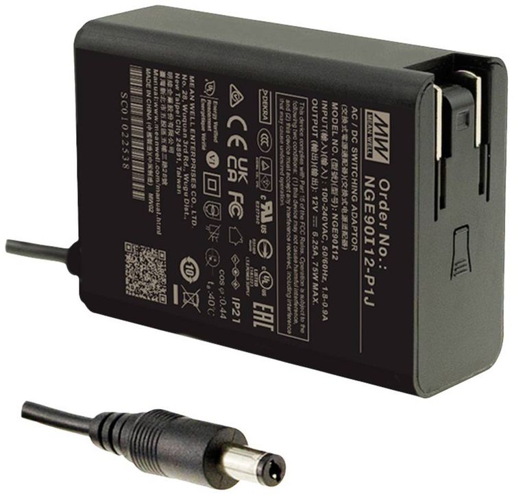 Produktbild: MEAN WELL NGE90I12-P1J Steckernetzteil, Festspannung 12 V/DC 75W
