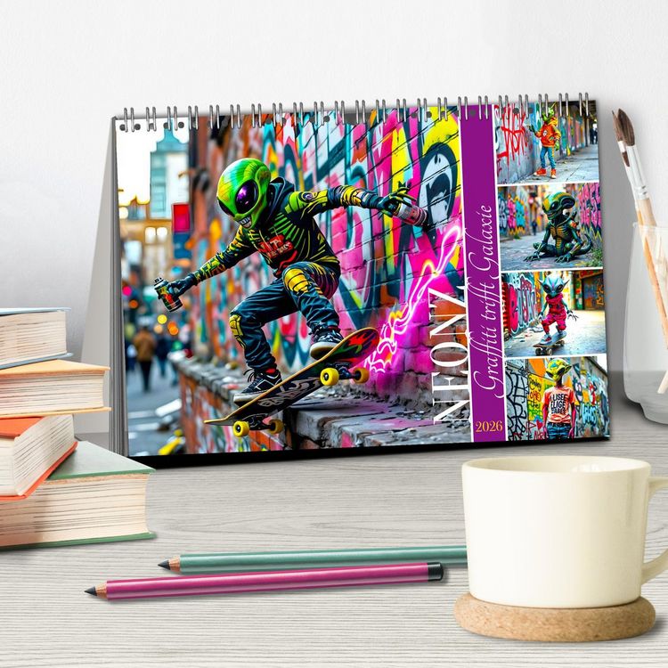 Produktbild: NEONZ - Graffiti trifft Galaxie (Tischkalender 2026 DIN A5 quer), CALVENDO Monatskalender