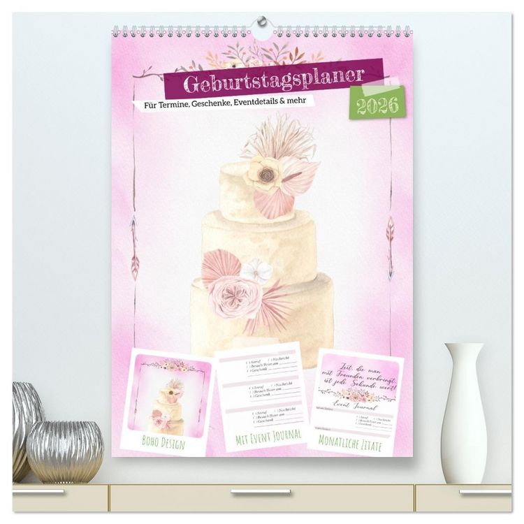 Produktbild: Geburtstagsplaner Boho Rosa - F&uuml;r Termine, Geschenke, Eventdetails & mehr (hochwertiger Premium Wandkalender 2026 DIN A2 hoch), Kunstdruck in Hochglanz
