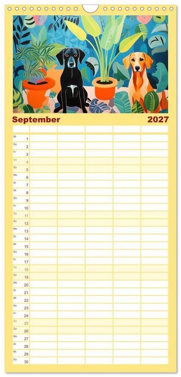 Produktbild: Familienplaner 2027 - Hunde Kunstwerke - Hunde im Stil des Fauvismus k&uuml;nstlerisch gestaltet mit 5 Spalten (Wandkalender, 21 x 45 cm) CALVENDO