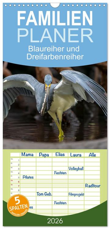 Produktbild: Familienplaner 2026 - Blaureiher und Dreifarbenreiher mit 5 Spalten (Wandkalender, 21 x 45 cm) CALVENDO
