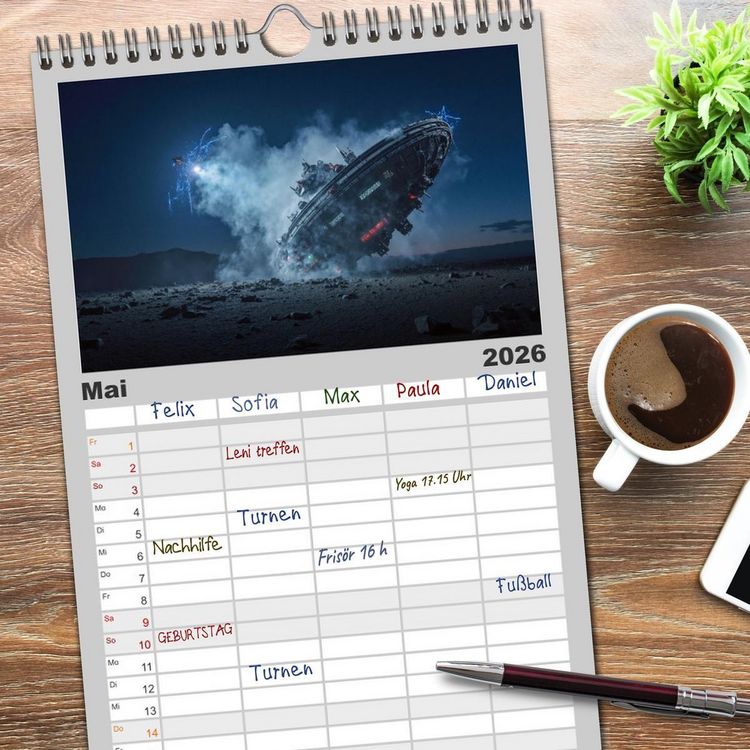Produktbild: Familienplaner 2026 - Fliegende Untertasse - Die gro&szlig;e Fantasiereise mit 5 Spalten (Wandkalender, 21 x 45 cm) CALVENDO
