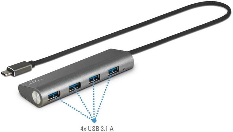Produktbild: Renkforce RF-3374944 USB-Hub 4 Port USB-A USB 3.2 Gen1 5 GBit/s mit Aluminiumgeh&auml;use Silber