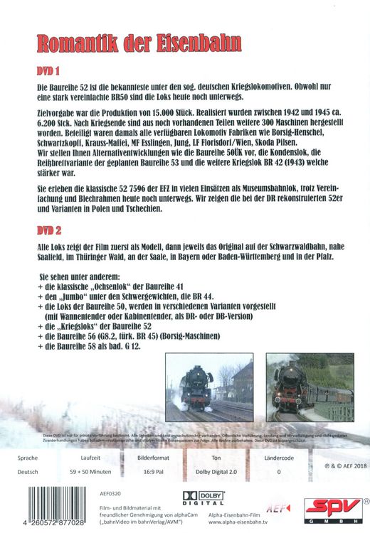 Produktbild: Romantik der Eisenbahn - Baureihe 52 (Kriegslok) & Schlepptenderlokomotiven [2 DVDs]