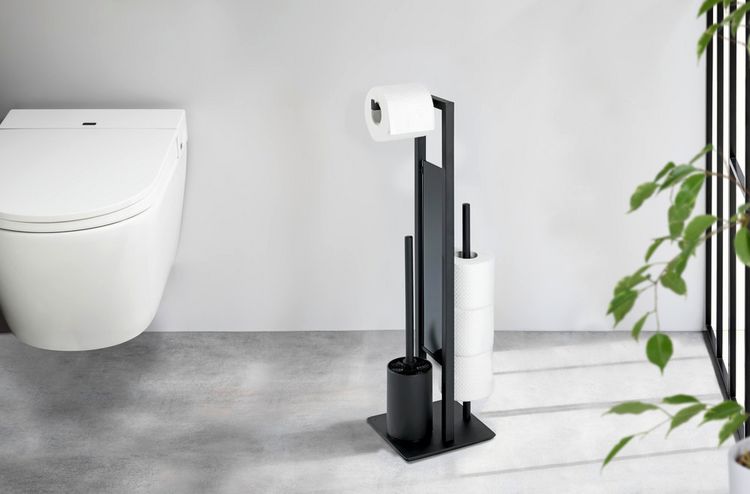 Produktbild: Stand WC-Garnitur Mod. Rivalta Schwarz matt, integrierter Toilettenpapierhalter und WC-B&uuml;rstenhalter