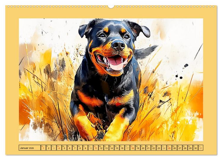 Produktbild: Kraftvolle Rottweiler. Stattliche Begleithunde im Aquarell-Stil (hochwertiger Premium Wandkalender 2026 DIN A2 quer), Kunstdruck in Hochglanz