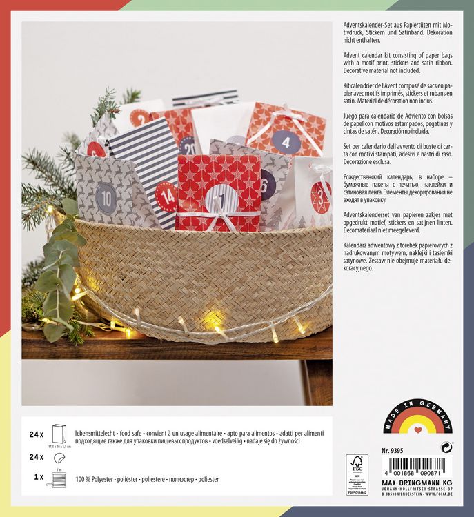 Produktbild: Folia Adventskalender-Set STYLE, aus 24 lebensmittel echten T&uuml;ten, Satinband, Sticker