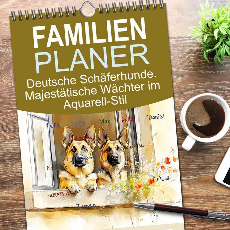 Produktbild: Familienplaner 2026 - Deutsche Sch&auml;ferhunde. Majest&auml;tische W&auml;chter im Aquarell-Stil mit 5 Spalten (Wandkalender, 21 x 45 cm) CALVENDO