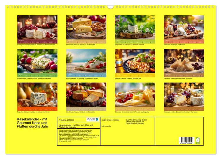 Produktbild: K&auml;sekalender - mit Gourmet K&auml;se und Platten durchs Jahr (Wandkalender 2026 DIN A2 quer), CALVENDO Monatskalender