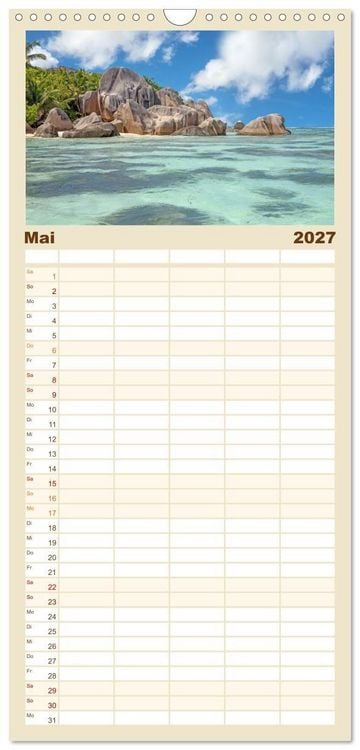 Produktbild: Familienplaner 2027 - Seychellen: La Digue und Mah&eacute; - zwei Trauminseln mit 5 Spalten (Wandkalender, 21 x 45 cm) CALVENDO