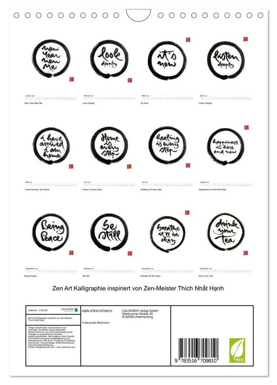 Produktbild: Zen Art Kalligraphie inspiriert von Zen-Meister Th&iacute;ch Nhất Hạnh (Wandkalender 2026 DIN A4 hoch), CALVENDO Monatskalender