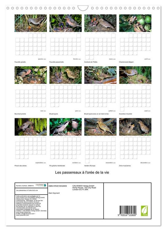 Produktbild: Les passereaux &agrave; l'or&eacute;e de la vie (Calendrier mural 2026 DIN A3 horizontal), CALVENDO calendrier mensuel
