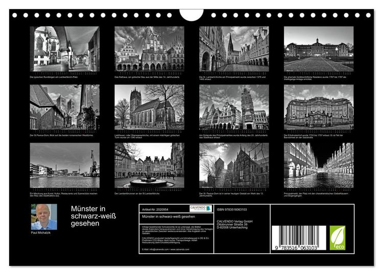 Produktbild: M&uuml;nster in schwarz-wei&szlig; gesehen (Wandkalender 2026 DIN A4 quer), CALVENDO Monatskalender